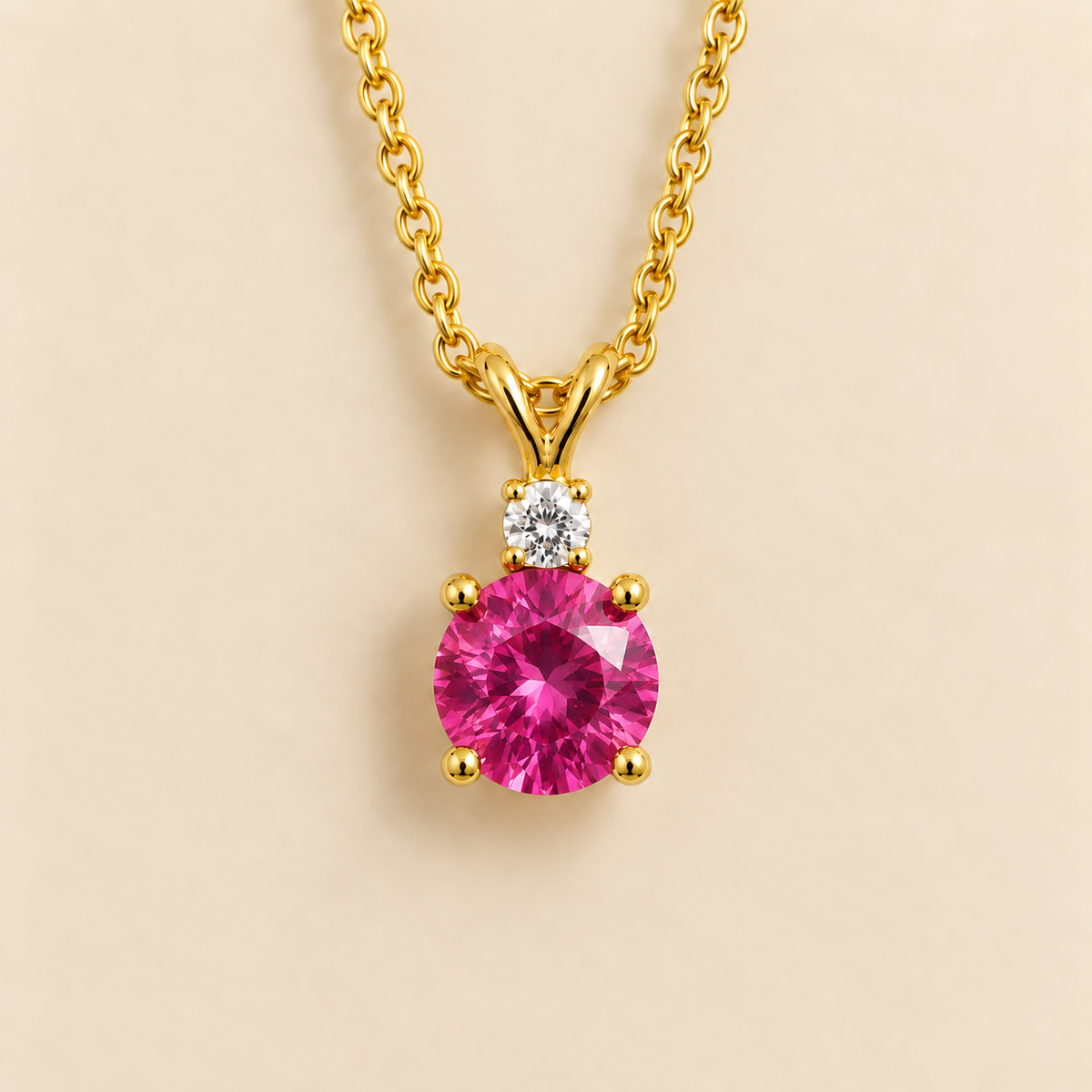 Joie Round Vivid Pink Sapphire & Diamond Drop Pendant Necklace in Gold | Juvetti