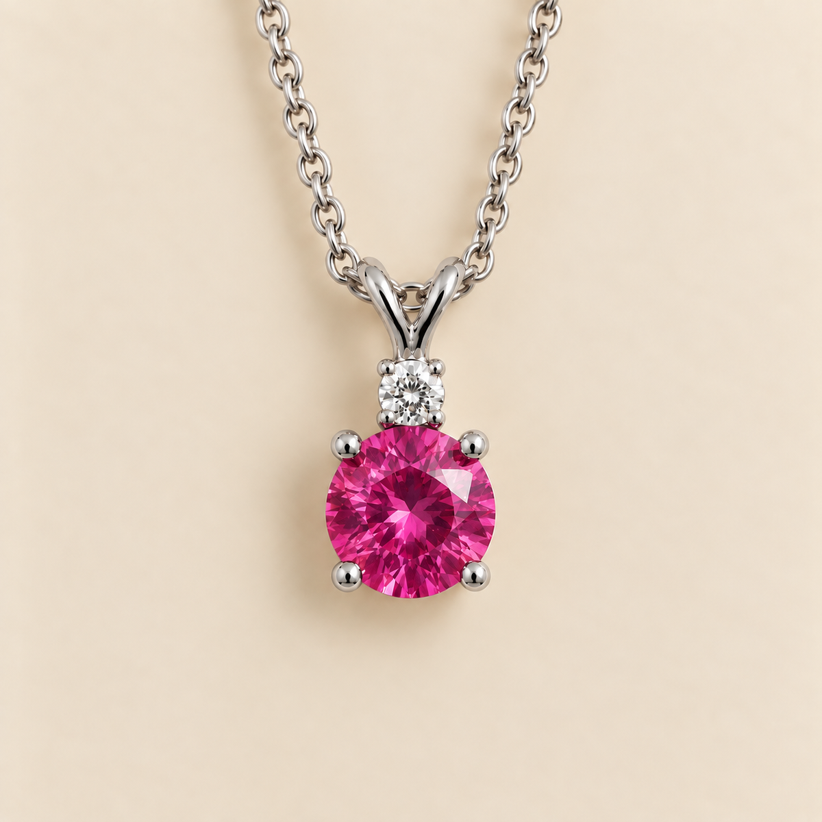 Joie Round Vivid Pink Sapphire & Diamond Drop Pendant Necklace in White Gold