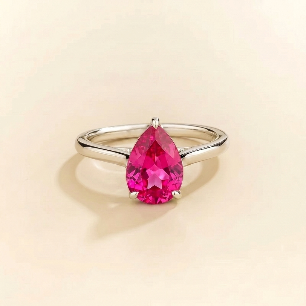 Pandal Pear Shape Vivid Pink Sapphire Cathedral Solitaire Ring in White gold