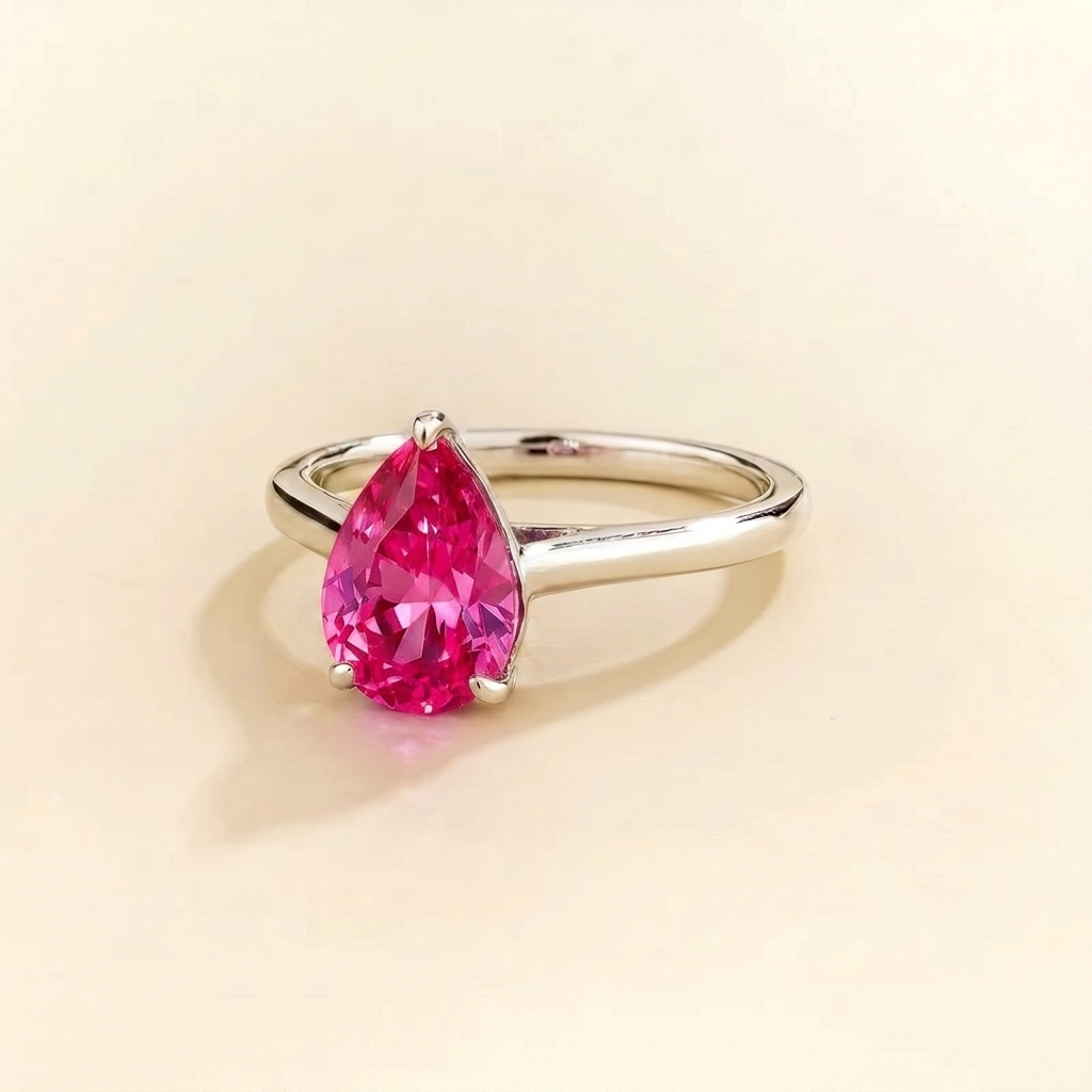 Pandal Pear Shape Vivid Pink Sapphire Cathedral Solitaire Ring in White gold
