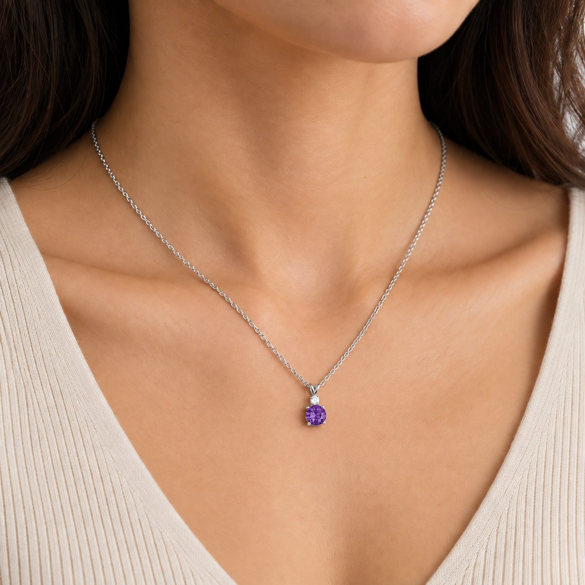 Joie Round Purple Sapphire & Diamond Drop Pendant Necklace in White Gold