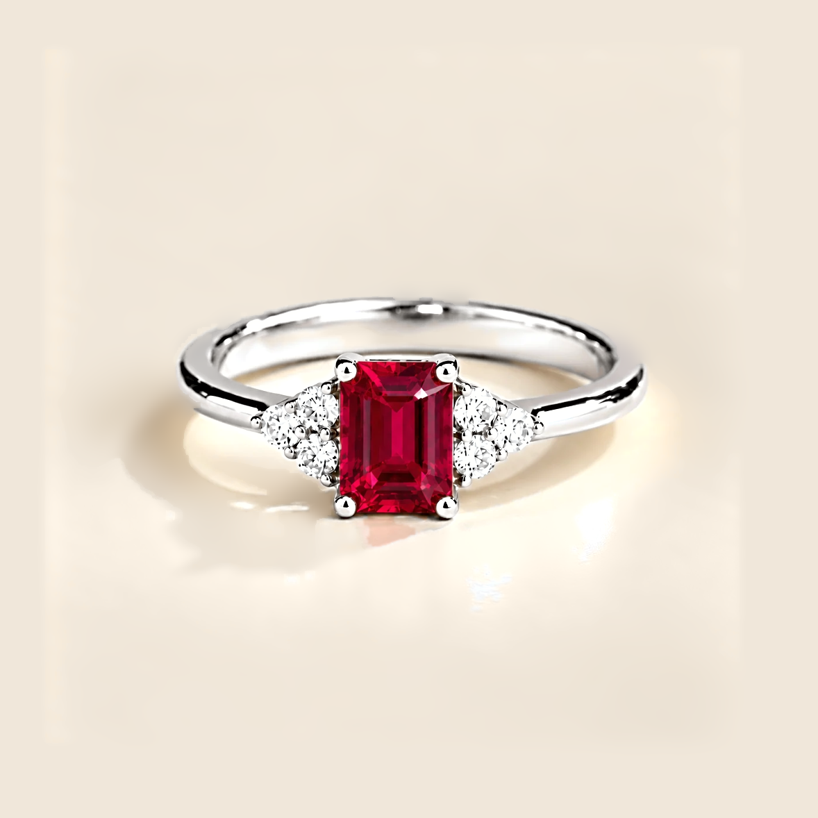 Chateau Ruby Emerald-Cut & Diamond Ring in White Gold Front view