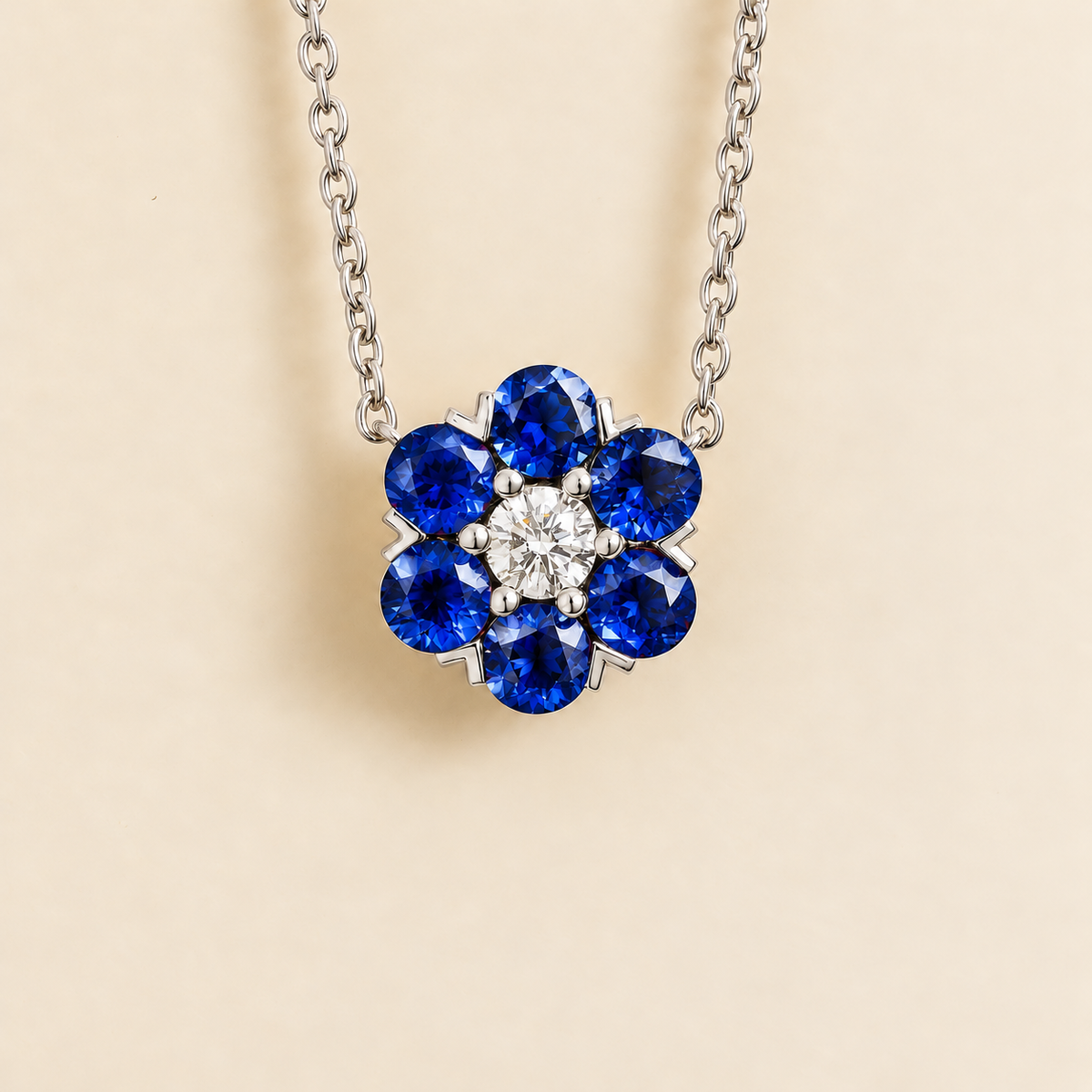 Cinq Blue Sapphire & Diamond Flower Pendant Necklace in White Gold
