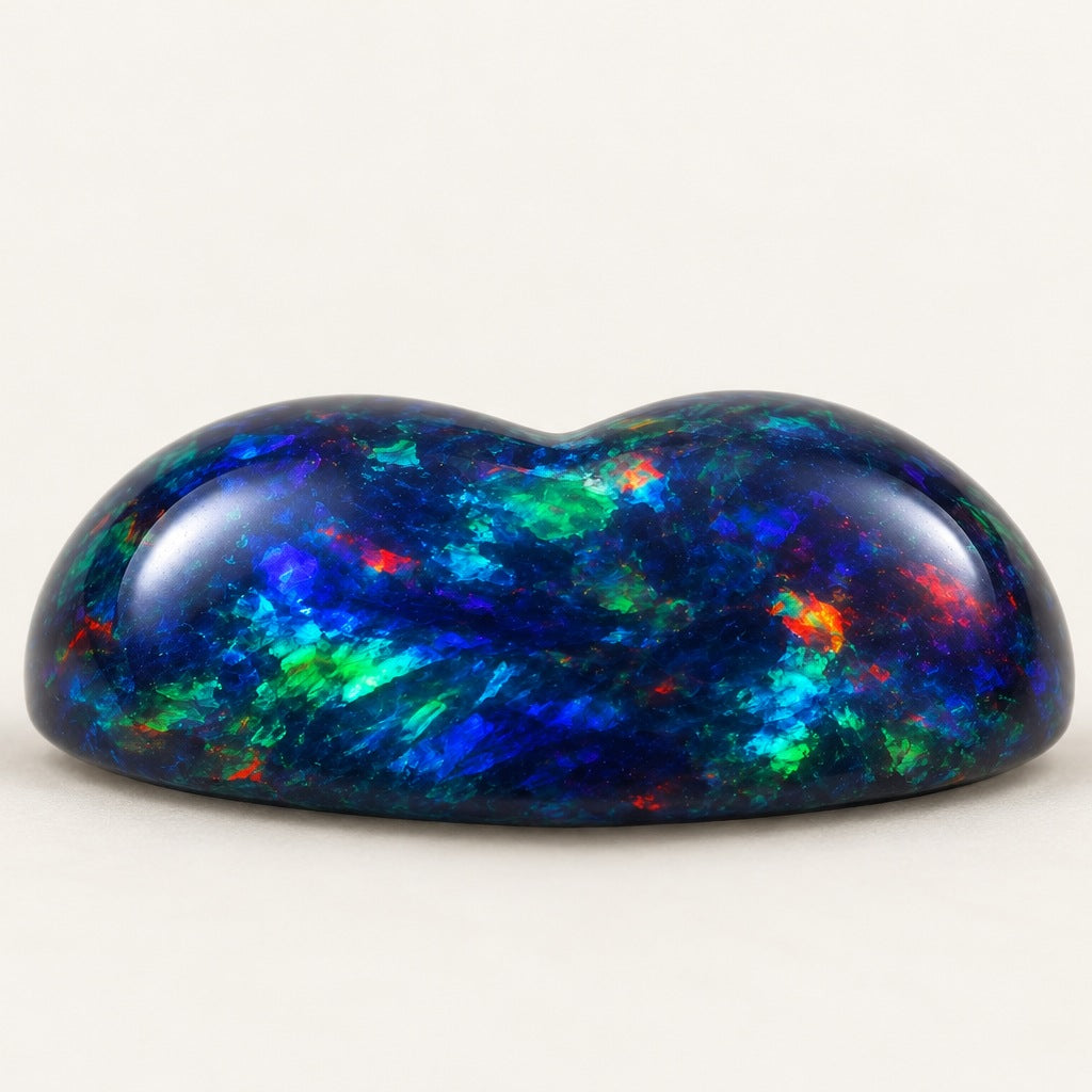 Black lab-grown opal, heart cabochon, side view