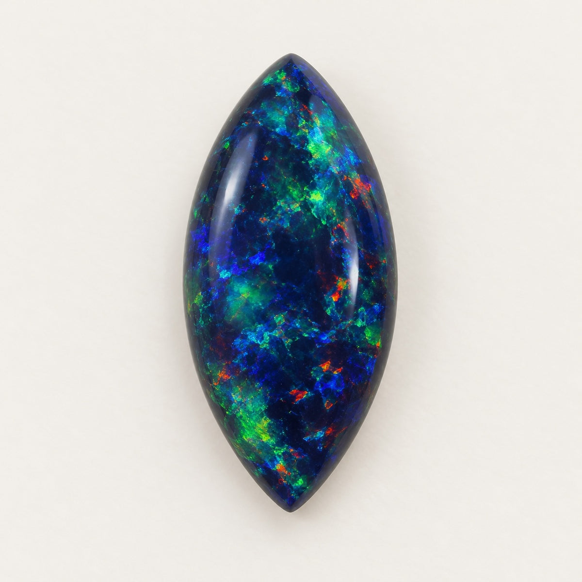 Black lab-grown opal, marquise cabochon