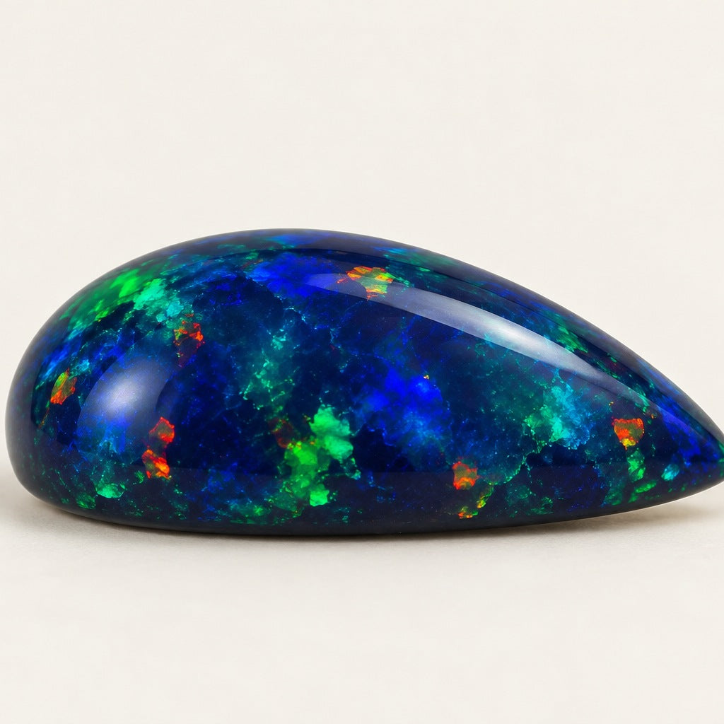 Black lab-grown opal, pear cabochon, side view