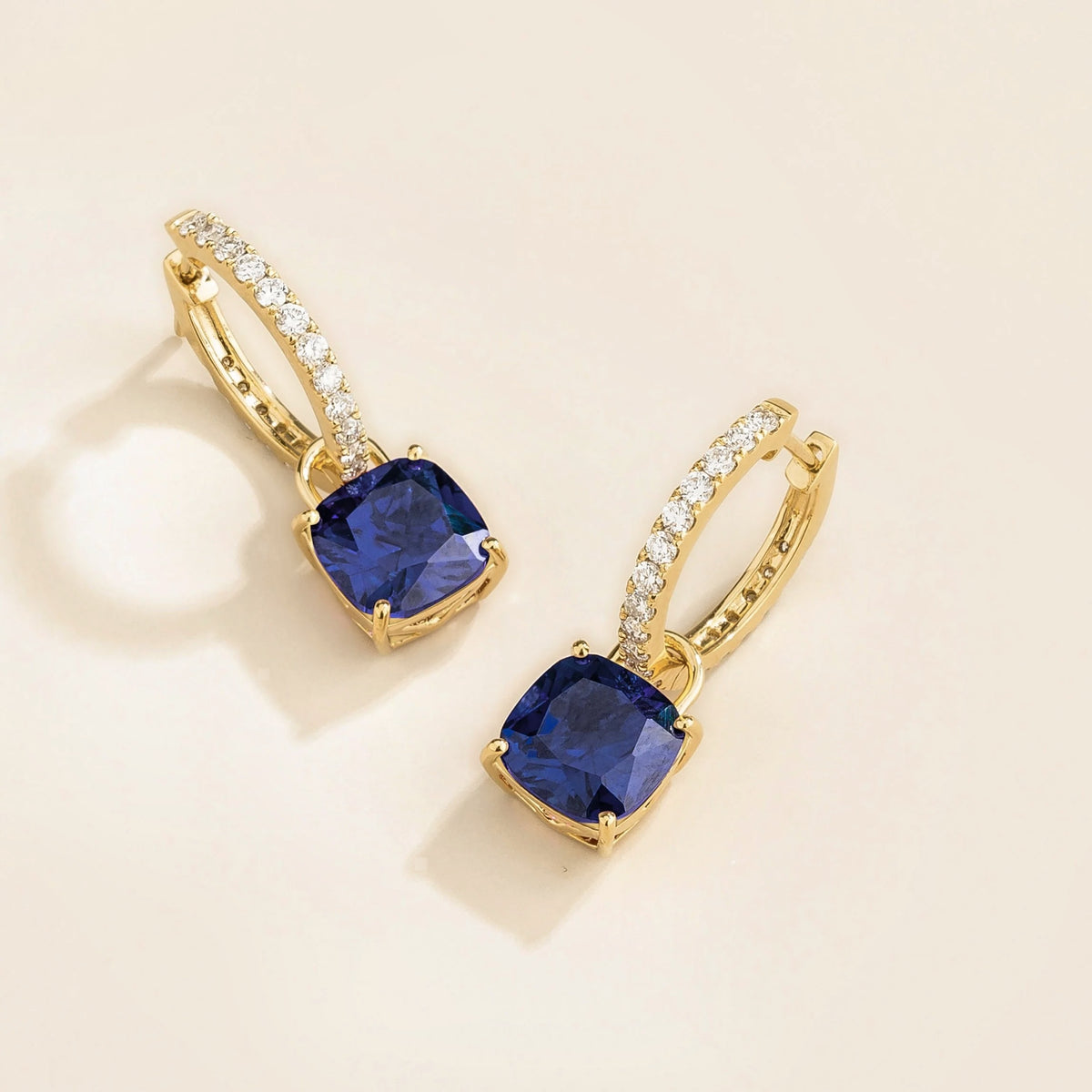 Roue Blue Sapphire Cushion Cut & Diamond Hoop Drop Earrings in Gold