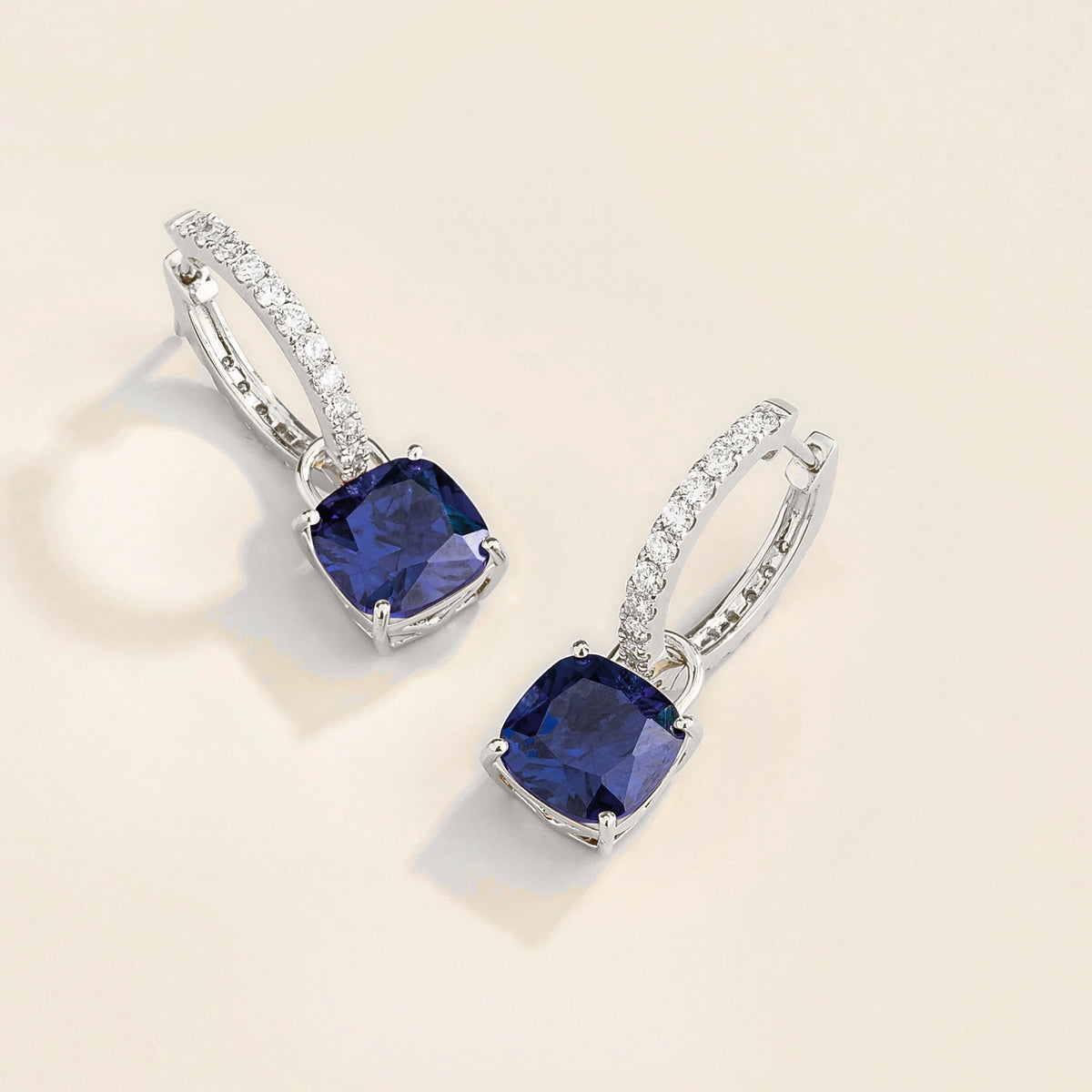 Roue Blue Sapphire Cushion Cut & Diamond Hoop Drop Earrings in White Gold