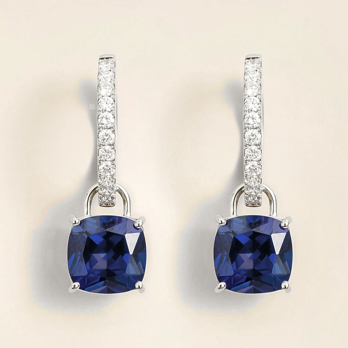 Cushion-Cut Blue Sapphire & Diamond Hoop Drop Earrings in White Gold