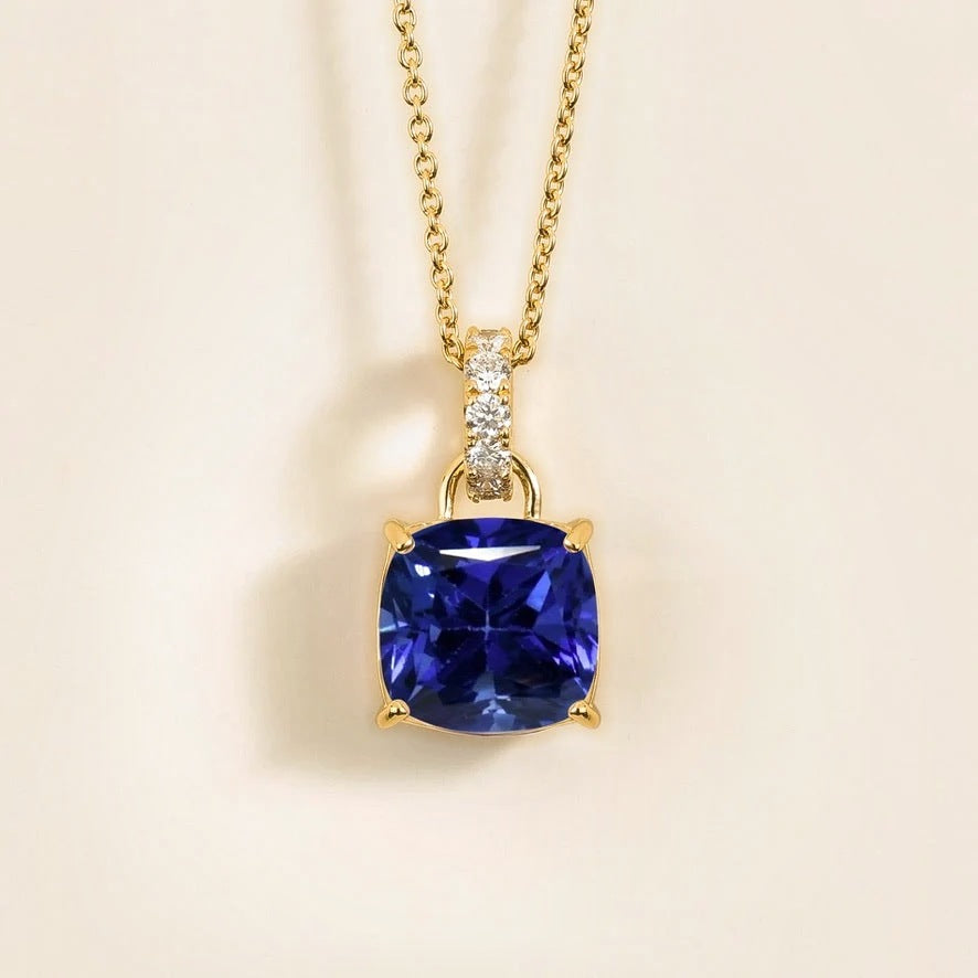 Roue blue sapphire cushion cut & diamond hoop pendant necklace in gold
