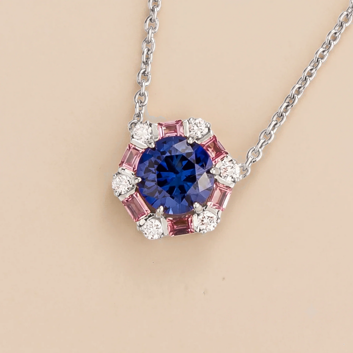 Melba Blue Sapphire, Pink Sapphire & Diamond Halo Hexagon Pendant Necklace In White Gold