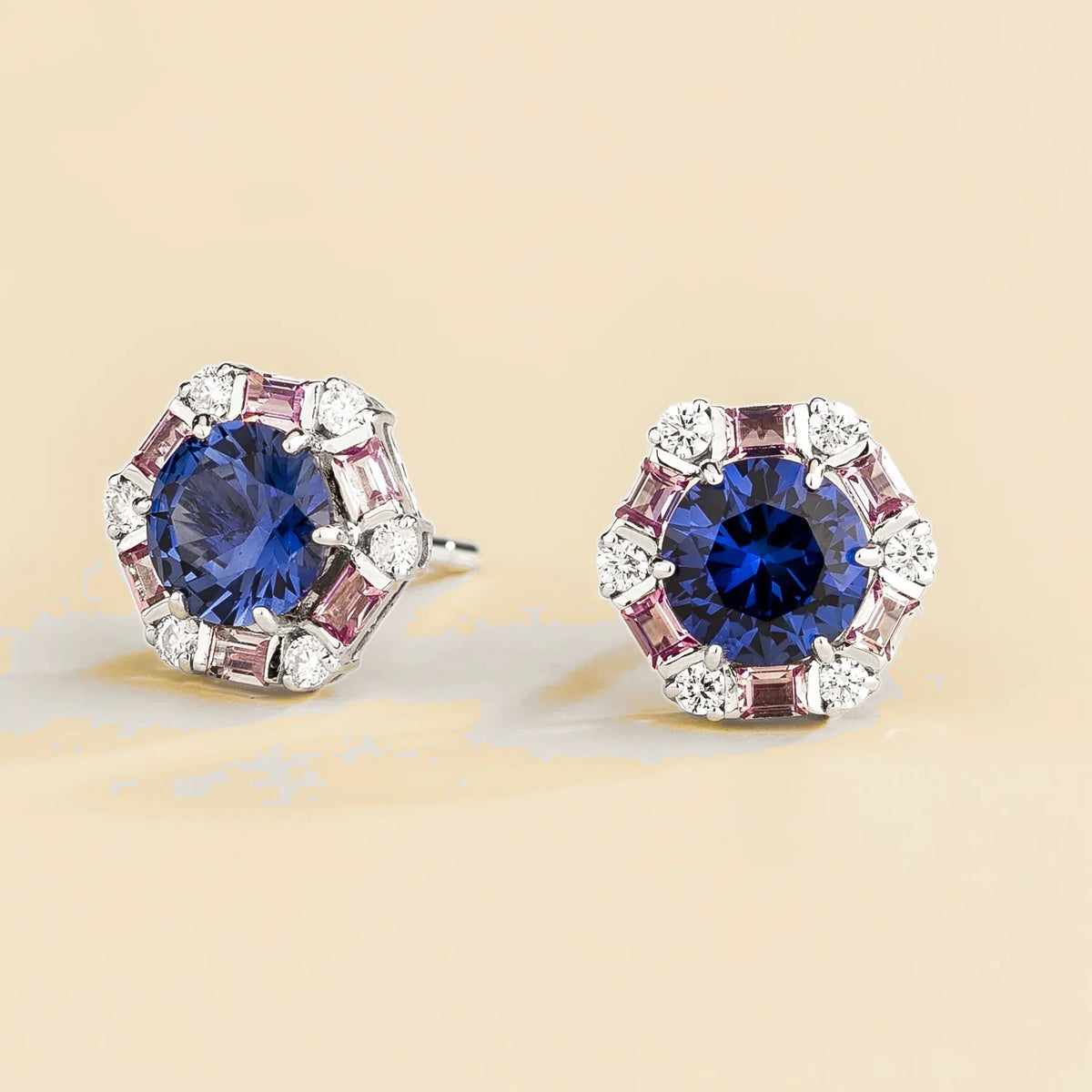 Melba Blue Sapphire & Pink Sapphire Hexagon Earrings with Diamond in White Gold – front view