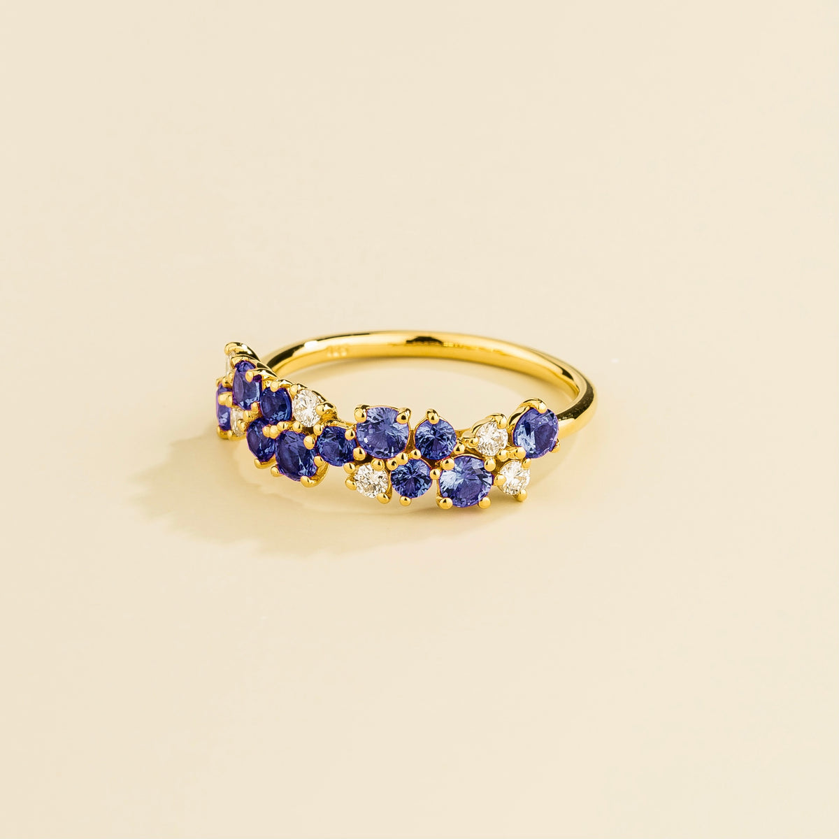 Starry Blue Sapphire & Diamond Cluster Ring in Gold – angle view