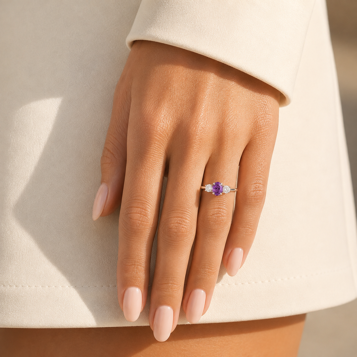 Boble Purple Sapphire Oval & Diamond Three-Stone Ring in White Gold