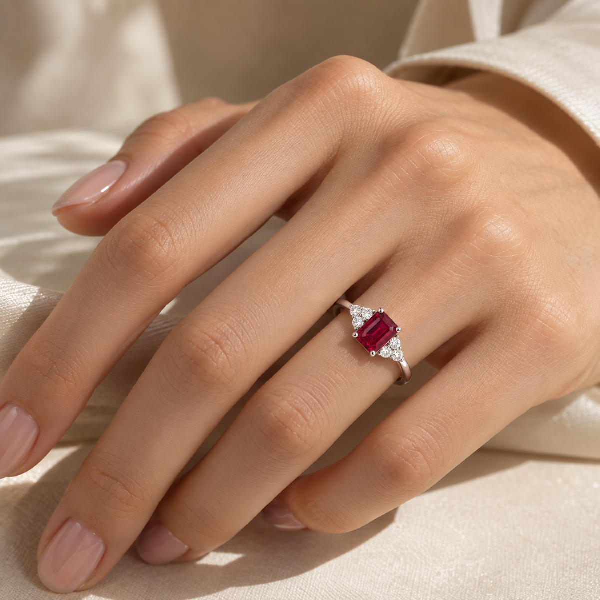 Chateau Ruby Emerald-Cut & Diamond Ring in White Gold