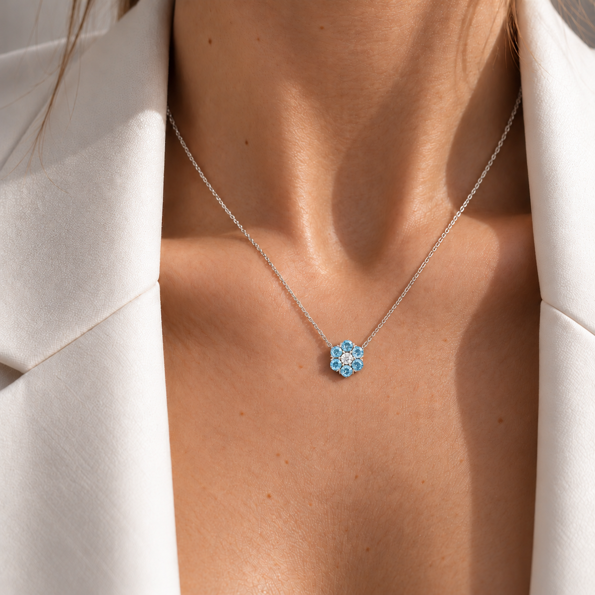 Cinq Aquamarine & Diamond Flower Pendant Necklace in White Gold