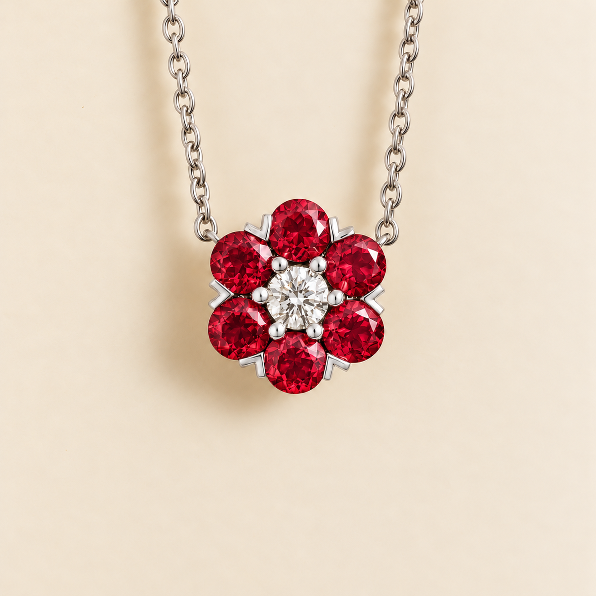 Cinq Ruby & Diamond Flower Pendant Necklace in White Gold