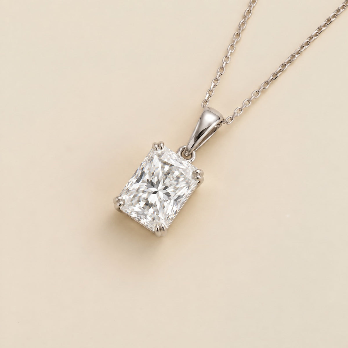 Clair radiant lab-grown diamond solitaire pendant necklace in white gold – angled view | Juvetti