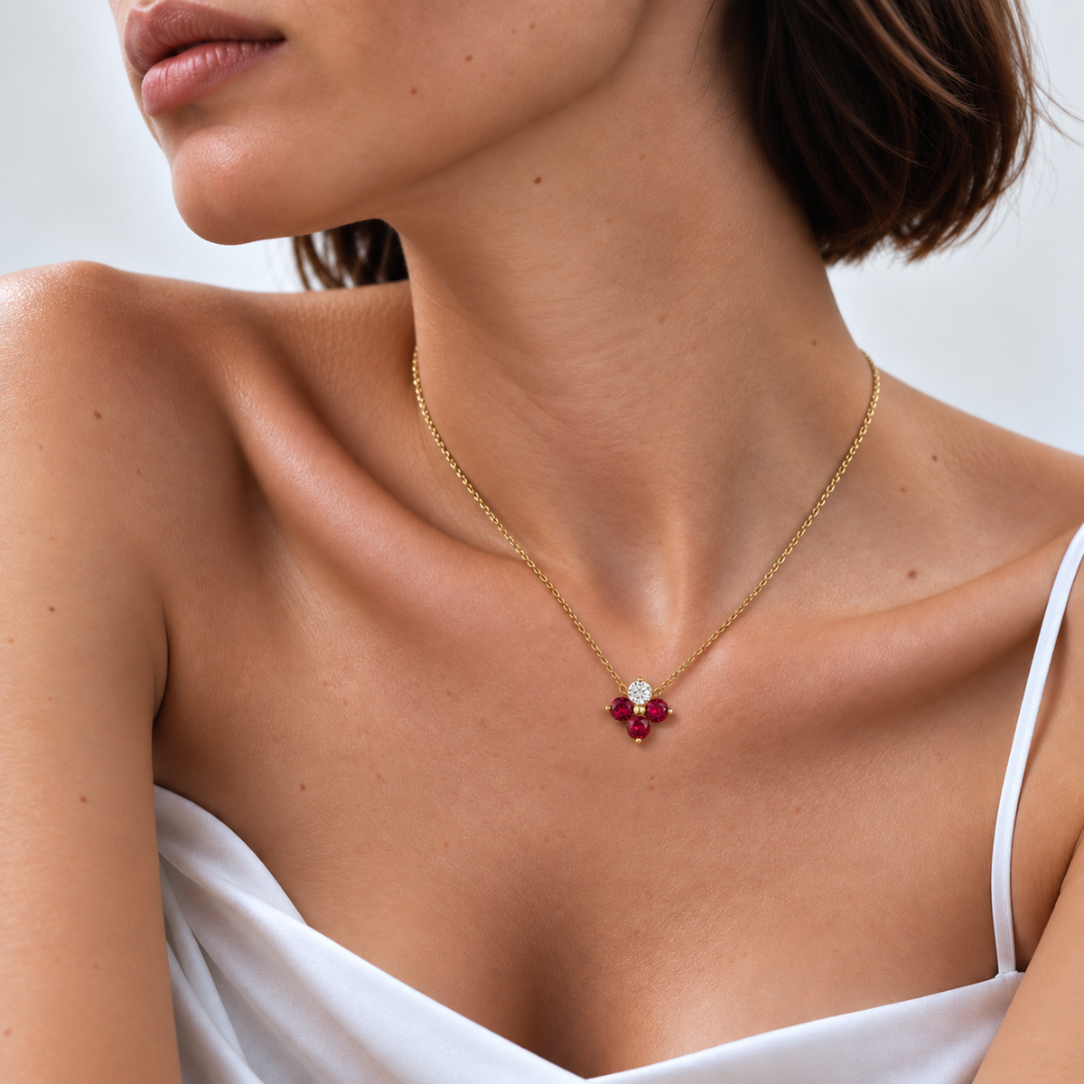 Clover Ruby & Diamond Necklace In Gold