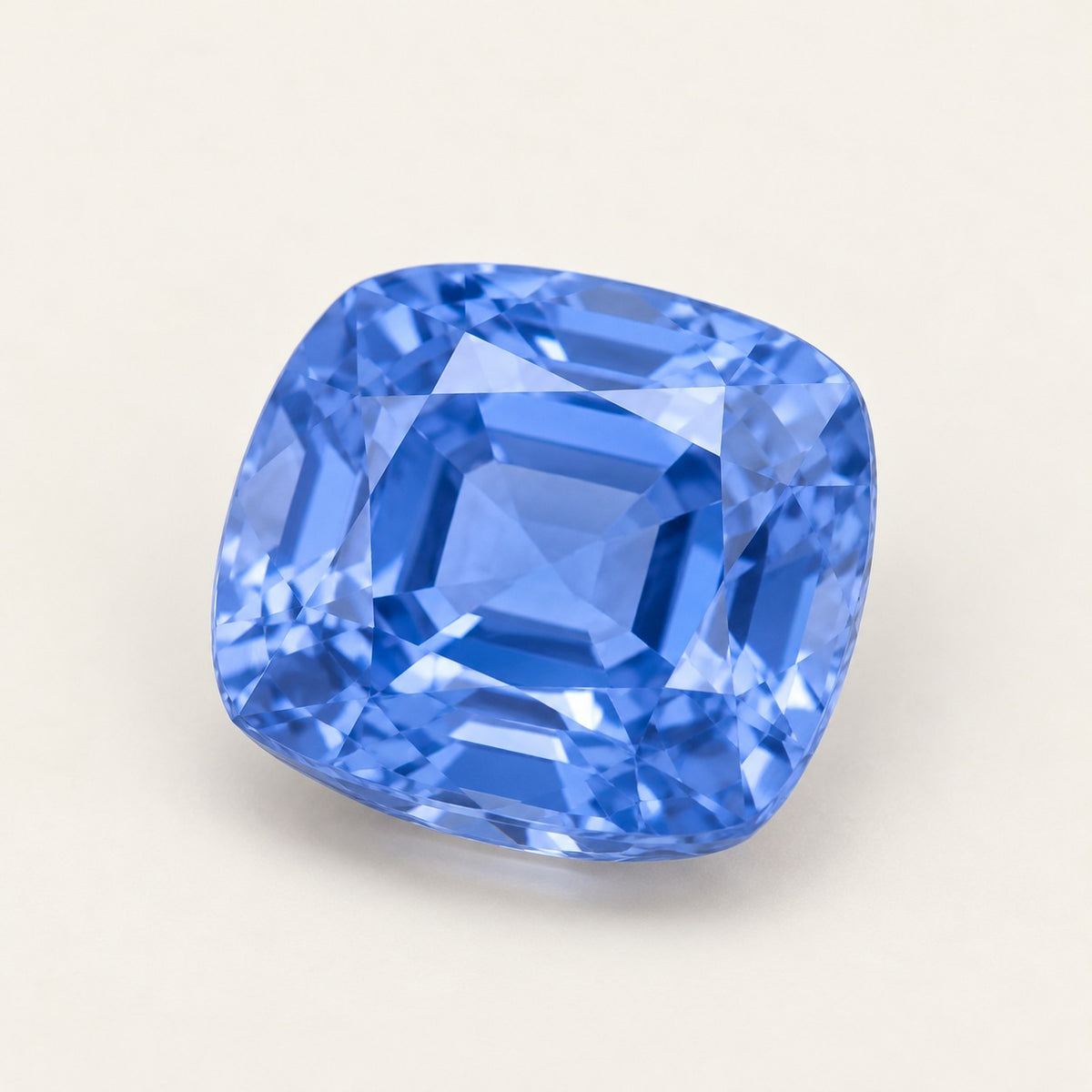 Cornflower blue lab-grown sapphire, cushion cut, 45° view