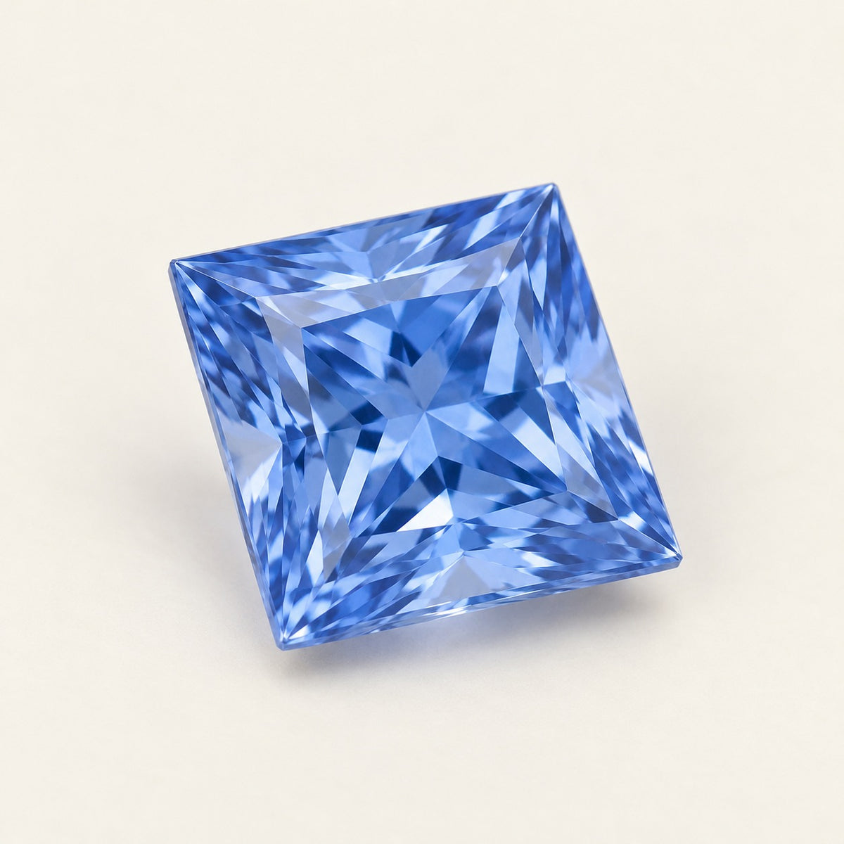 Cornflower blue lab-grown sapphire, princess cut, 45° view