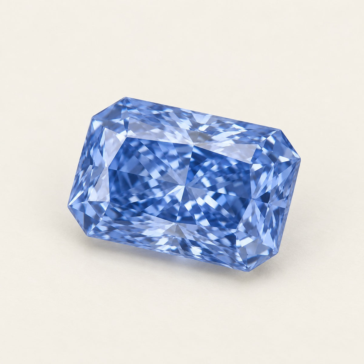 Cornflower blue lab-grown sapphire, radiant cut, 45° view