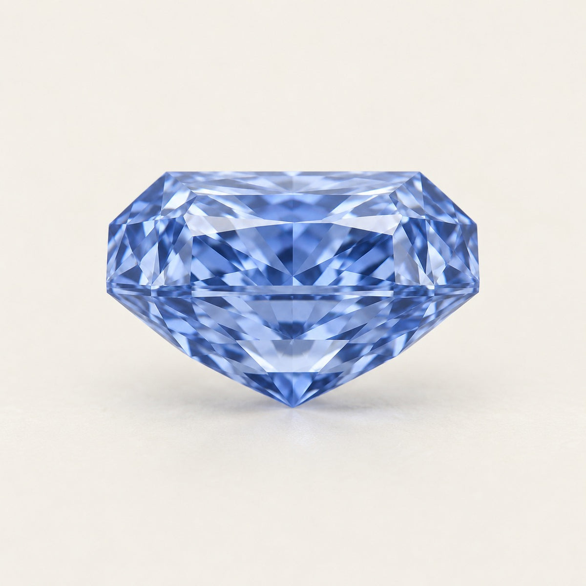Cornflower blue lab-grown sapphire, radiant cut, side view