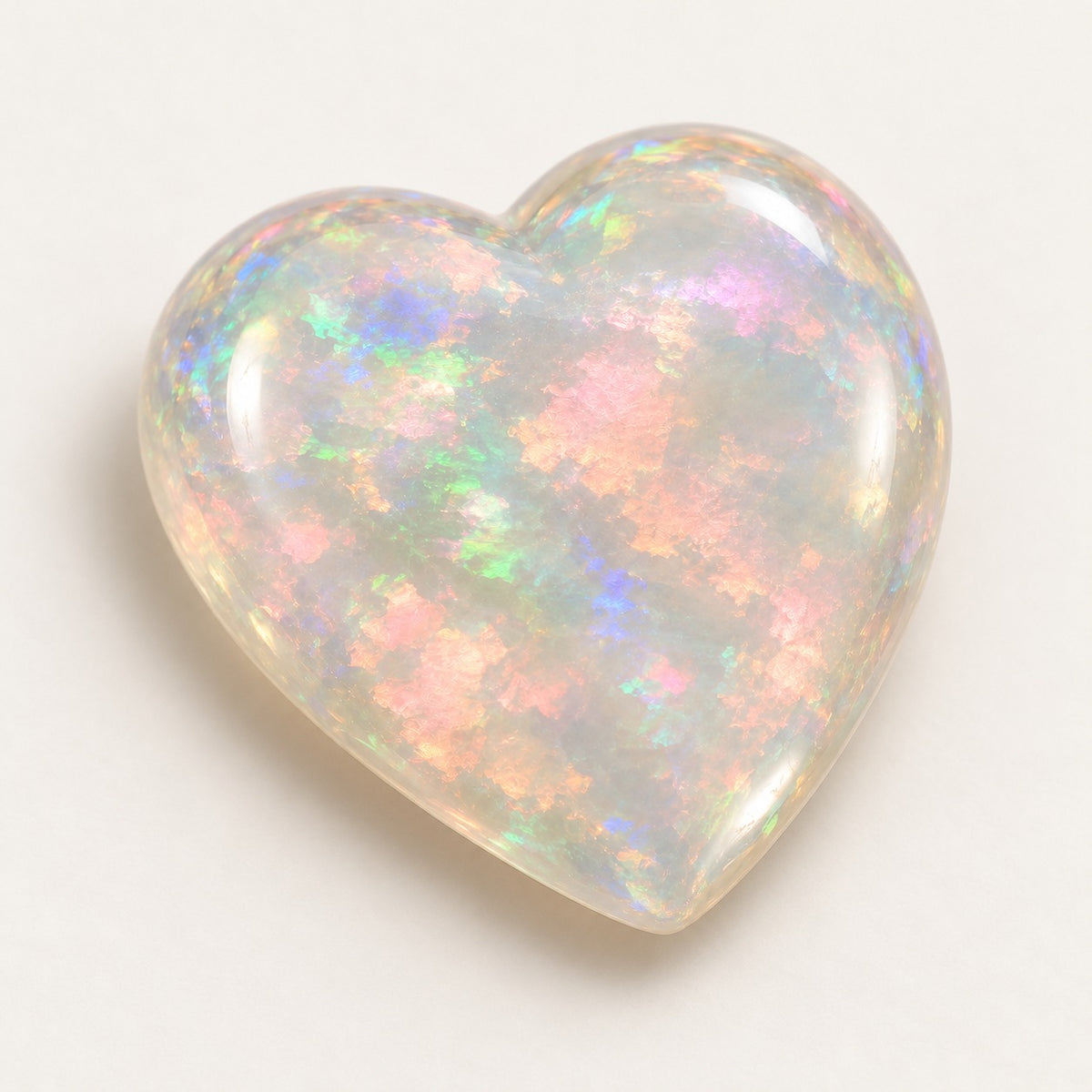 Crystal lab-grown opal, heart cabochon, 45° view