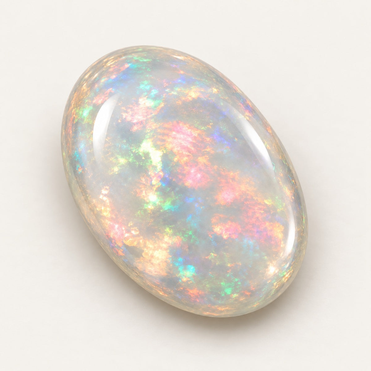 Crystal lab-grown opal, oval cabochon, 45° view
