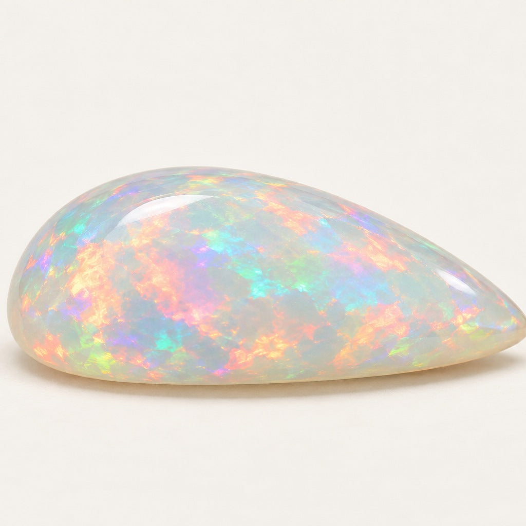 Crystal lab-grown opal, pear cabochon, side view