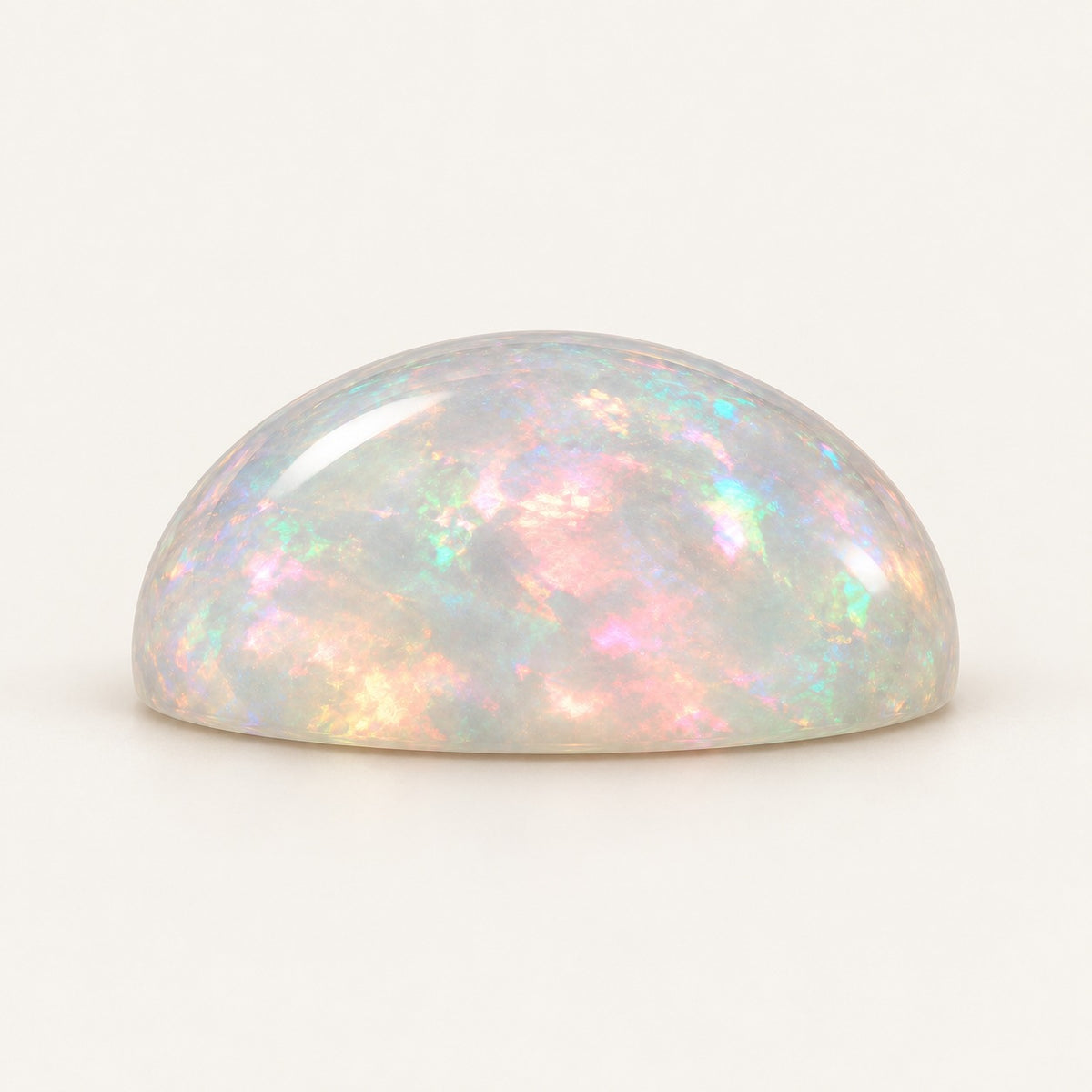 Crystal lab-grown opal, round cabochon, side view