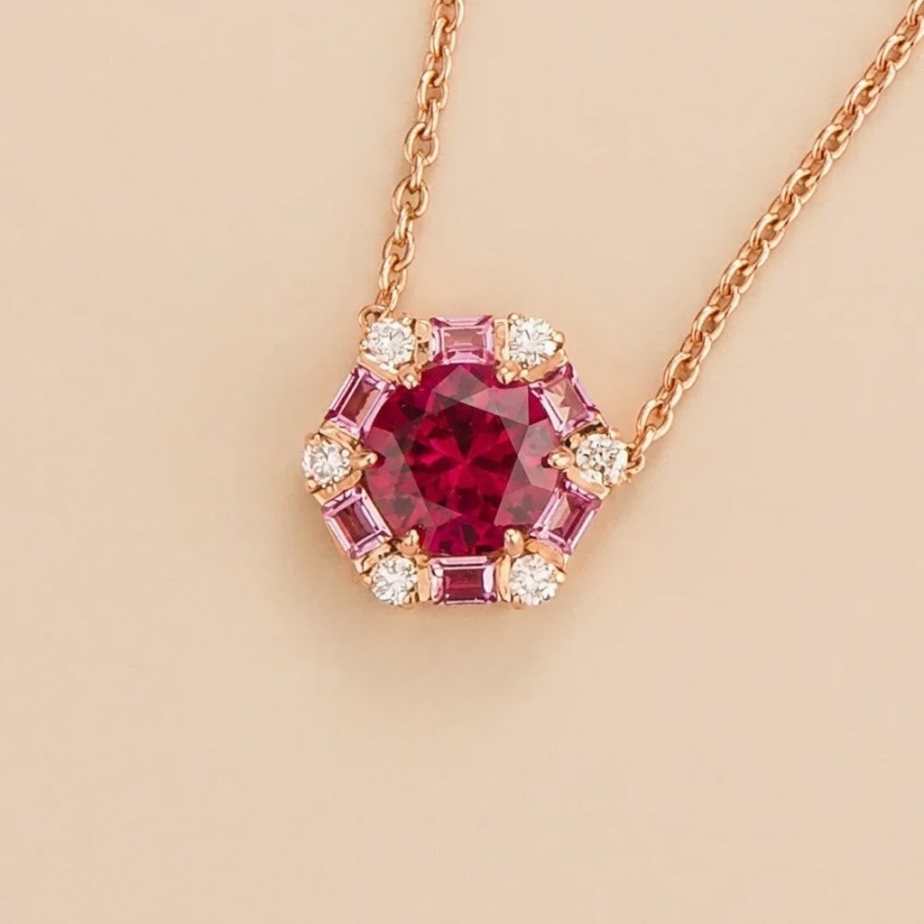 Melba Ruby, Pink Sapphire & Diamond Halo Pendant Necklace in Rose Gold – angle view