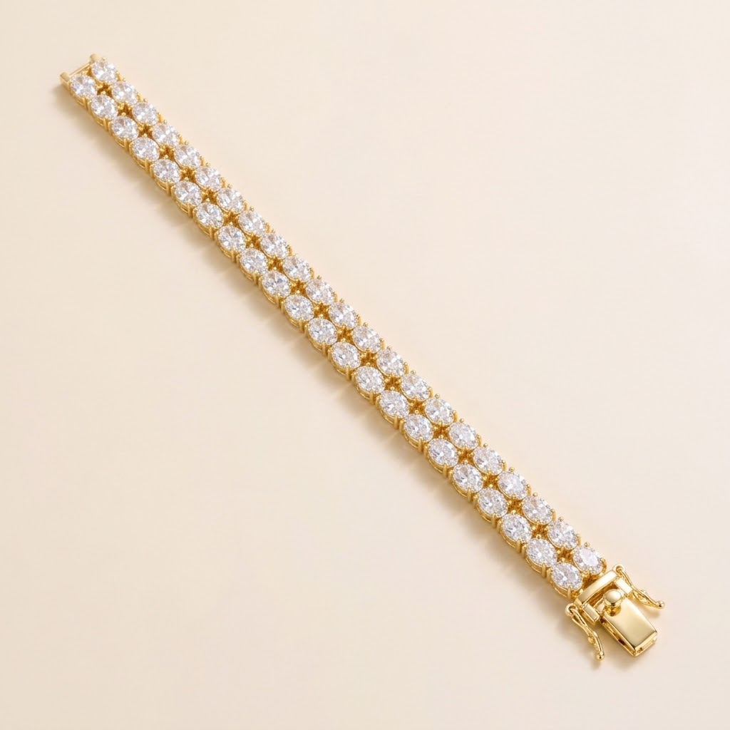 Salto double row oval diamond tennis bracelet in gold, angle view