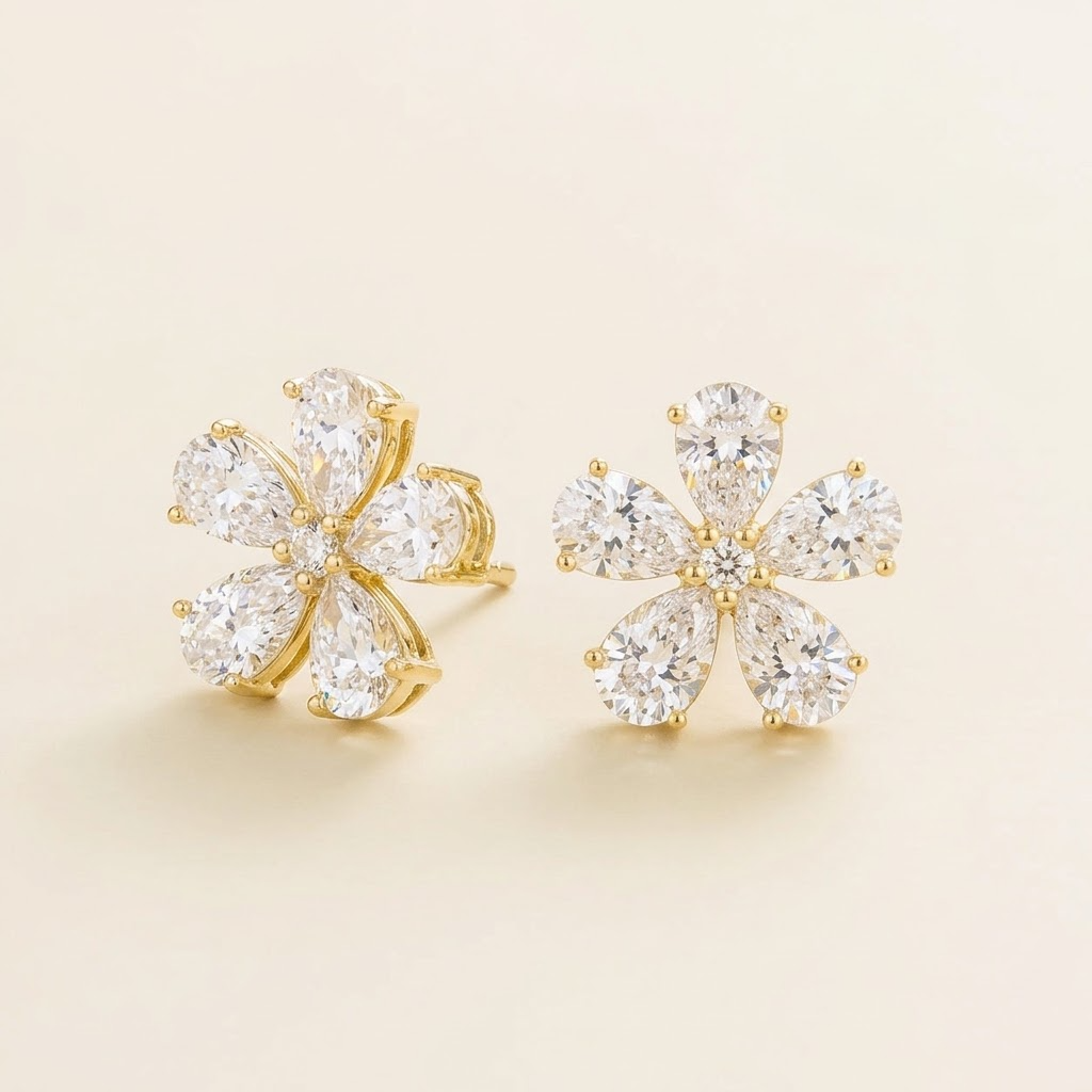 Florea diamond flower stud earrings in gold, front view