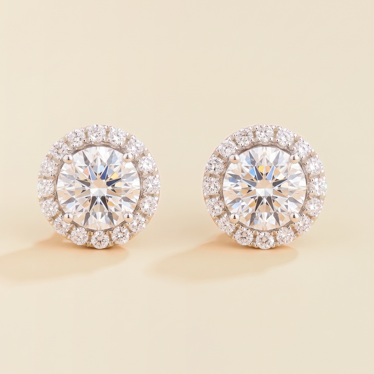 Floret round lab-grown diamond halo stud earrings in white gold – front | Juvetti London