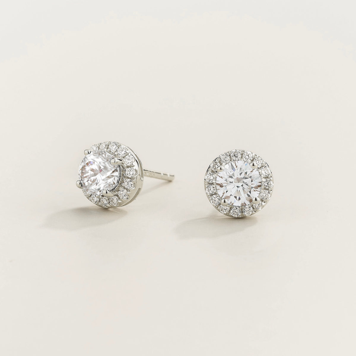 Round Diamond & Diamond Halo Earrings in White Gold