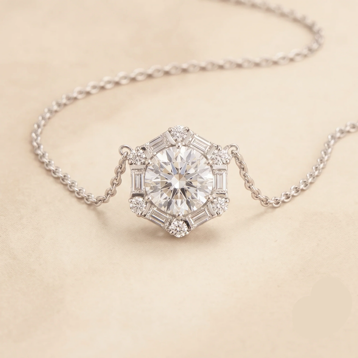 Hexagon halo lab-grown diamond pendant necklace, Melba design in white gold | Juvetti London