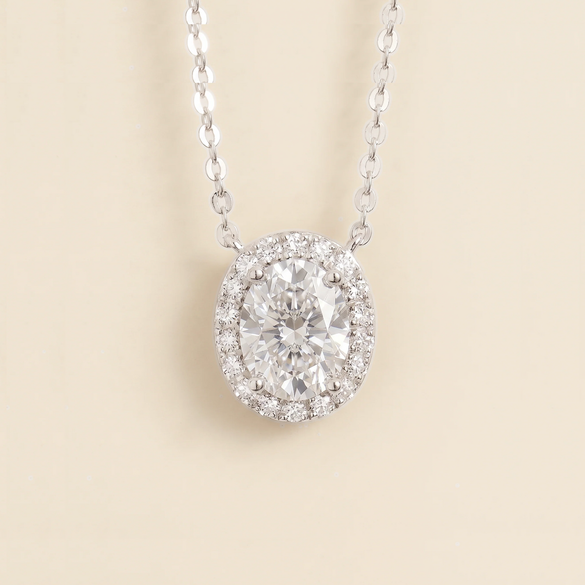 Lab-grown oval diamond halo necklace in white gold – front view | Mina by Juvetti