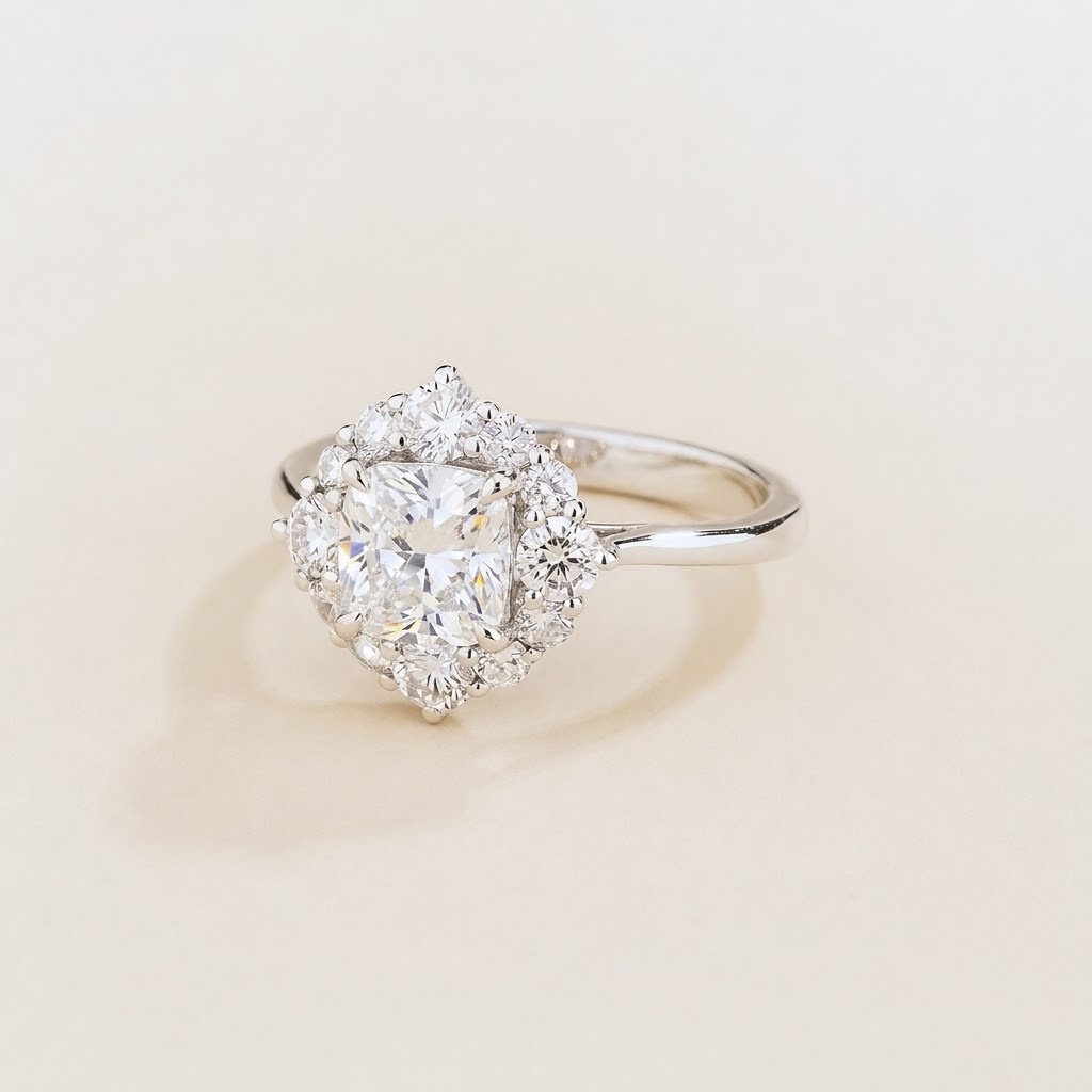 Tuli cushion-cut diamond halo ring in white gold, angle view