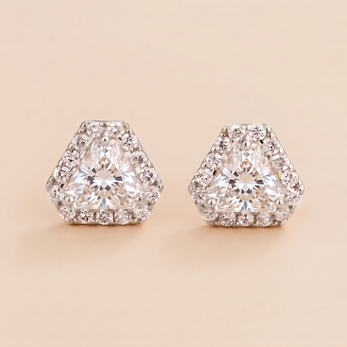 Triangle-cut lab-grown diamond and diamond halo stud earrings, Diana design in white gold | Juvetti London