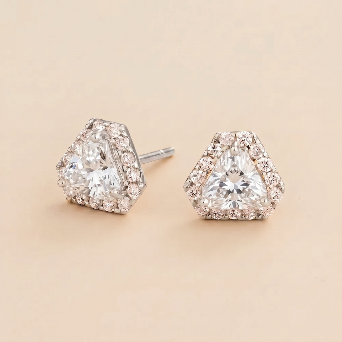 Diana Diamond Triangle Cut & Diamond Halo Stud Earrings in White Gold