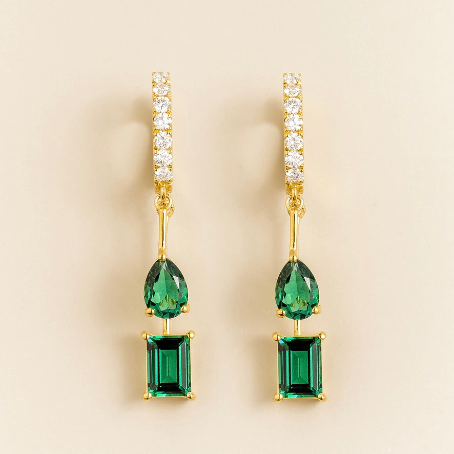 Faire emerald huggie drop earrings in gold, pear and baguette-cut lab-grown emeralds with diamond pavé, front view | Juvetti London