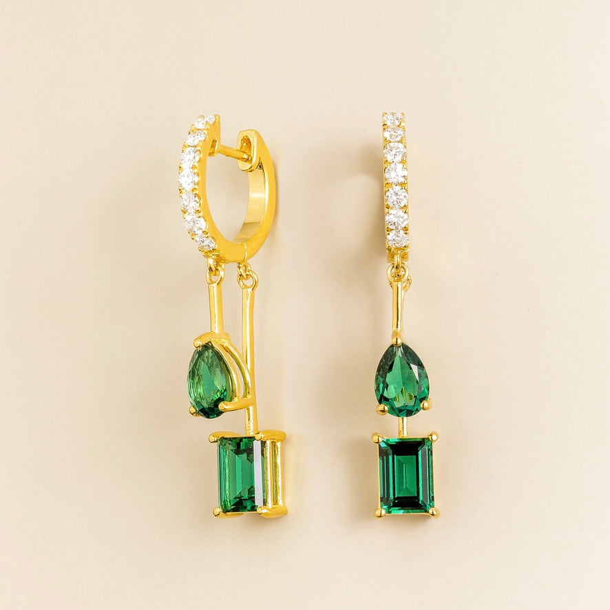 Faire emerald huggie drop earrings in gold, pear and baguette-cut lab-grown emeralds with diamond pavé, side view | Juvetti London