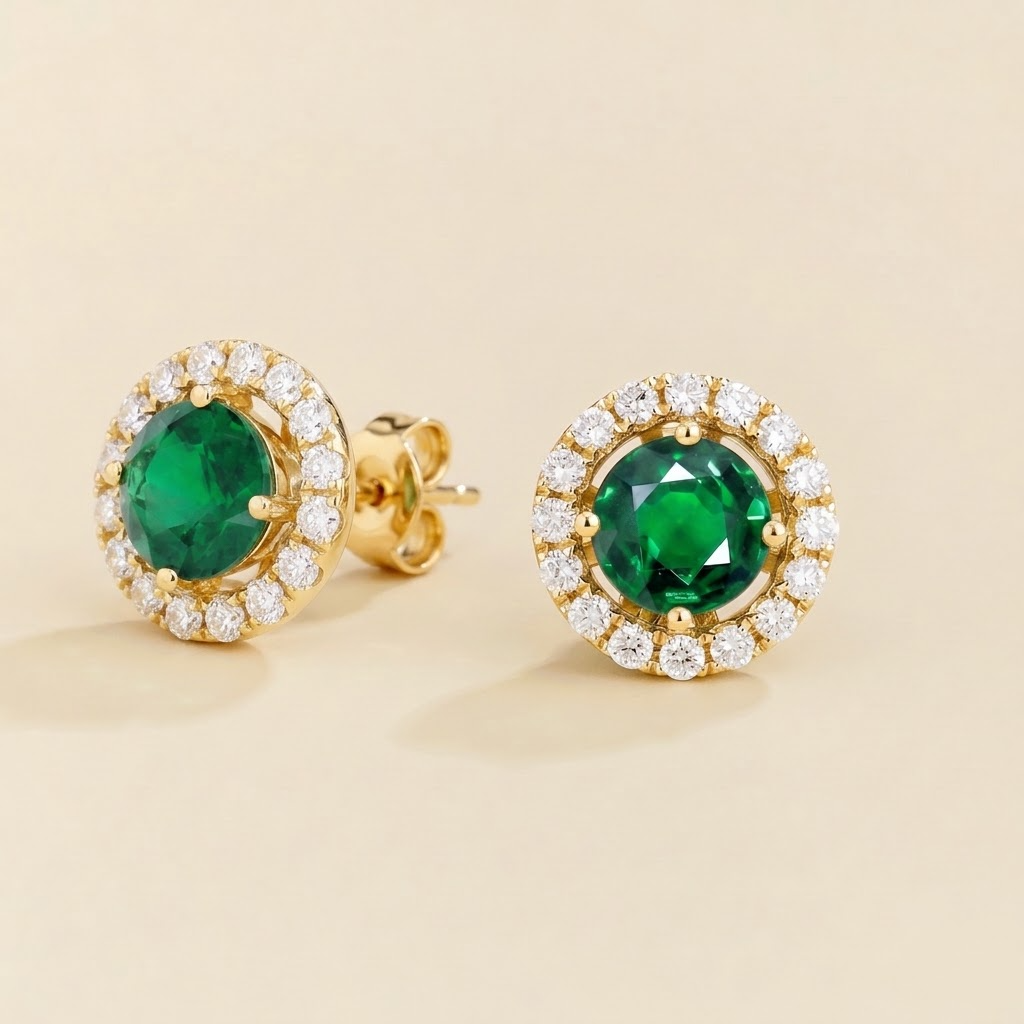 Floret emerald and diamond halo stud earrings in gold, side view