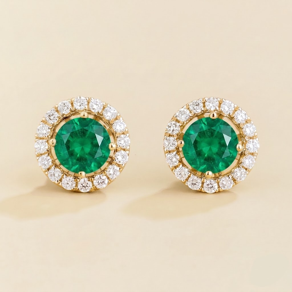Lumi emerald and diamond halo stud earrings in yellow gold, front view