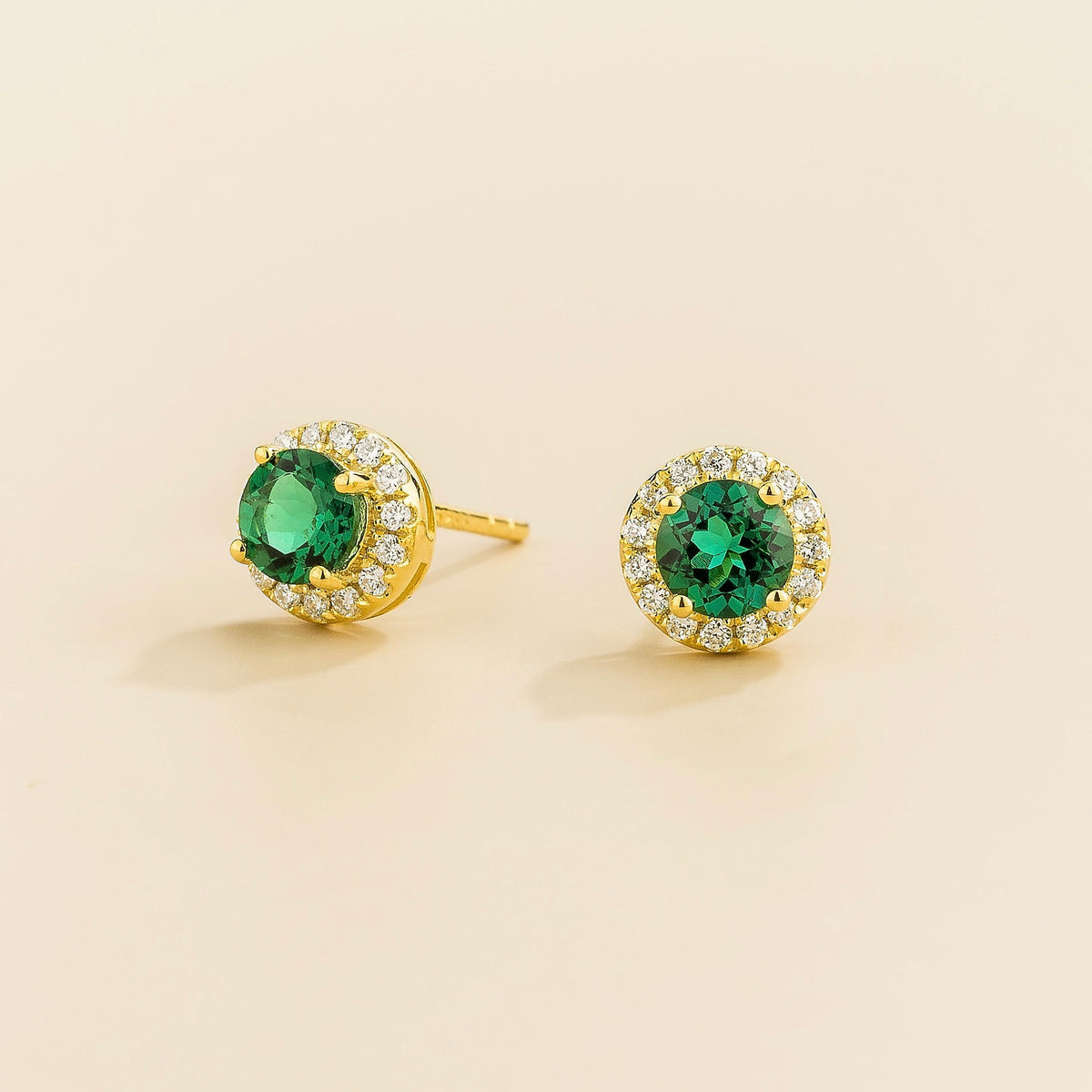 Mars Emerald & Diamond Halo Stud Earrings in Gold