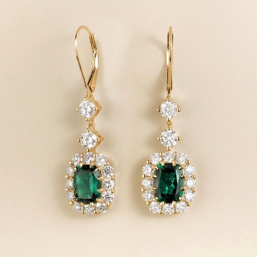 Pippa emerald and diamond halo drop earrings in yellow gold, angled view