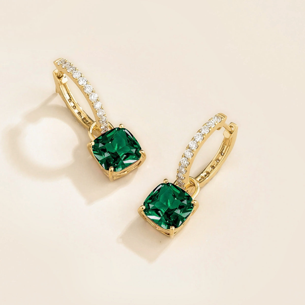 Cushion-Cut Emerald & Diamond Hoop Drop Earrings in Gold – front view