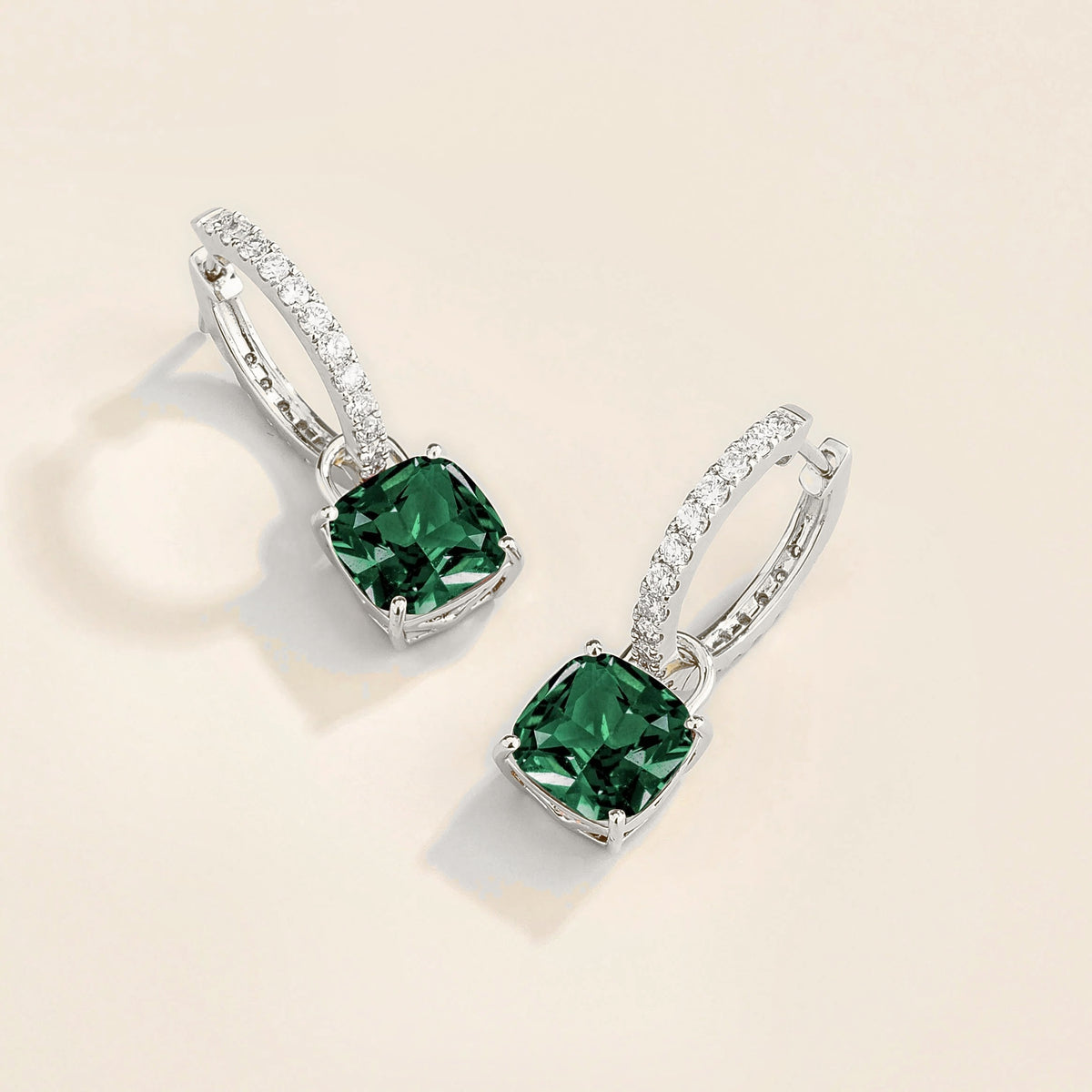 Emerald Cushion Cut & Diamond Hoop Drop Earrings in White Gold