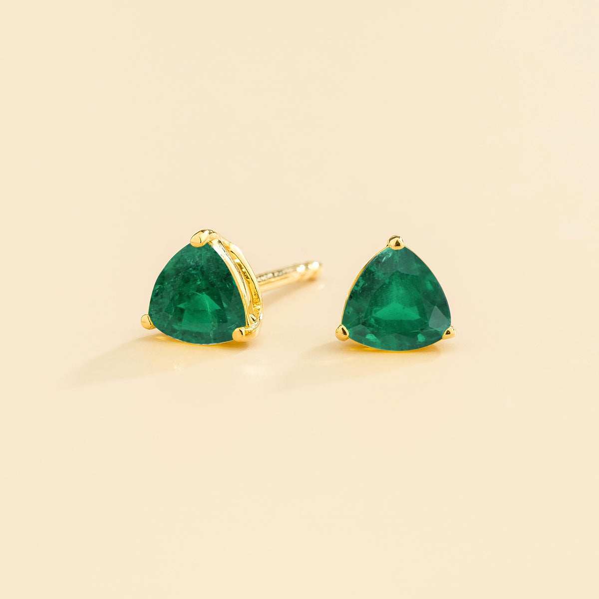 Trillion Emerald Solitaire Stud Earrings in Gold